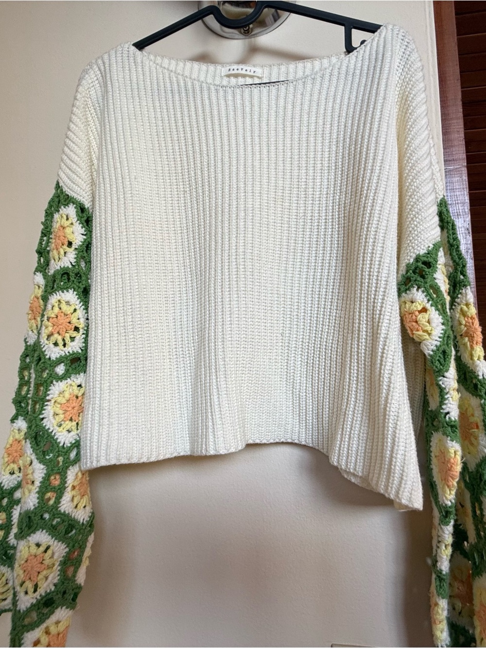 Cream Knit Sweater with Green Crochet Floral Sleeves